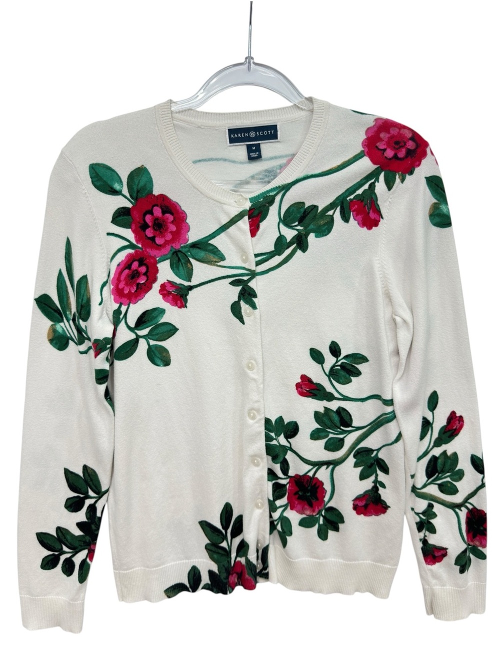 Pure Cotton Viscose Knit Roses Vines Floral Cardigan Sweater Jacket